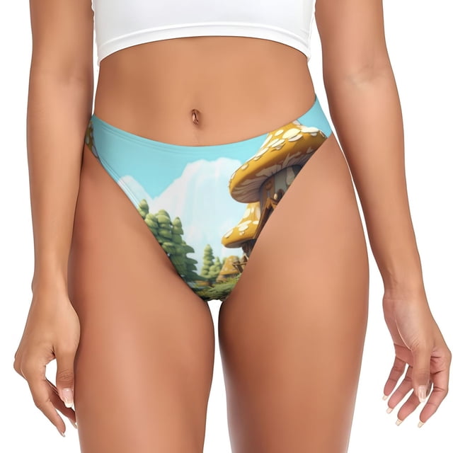 Balery Cartoon Mushroom House Tangas de Algodón para Mujer con Estampado – Ropa Interior Sexy, Transpirable, G-string-Large