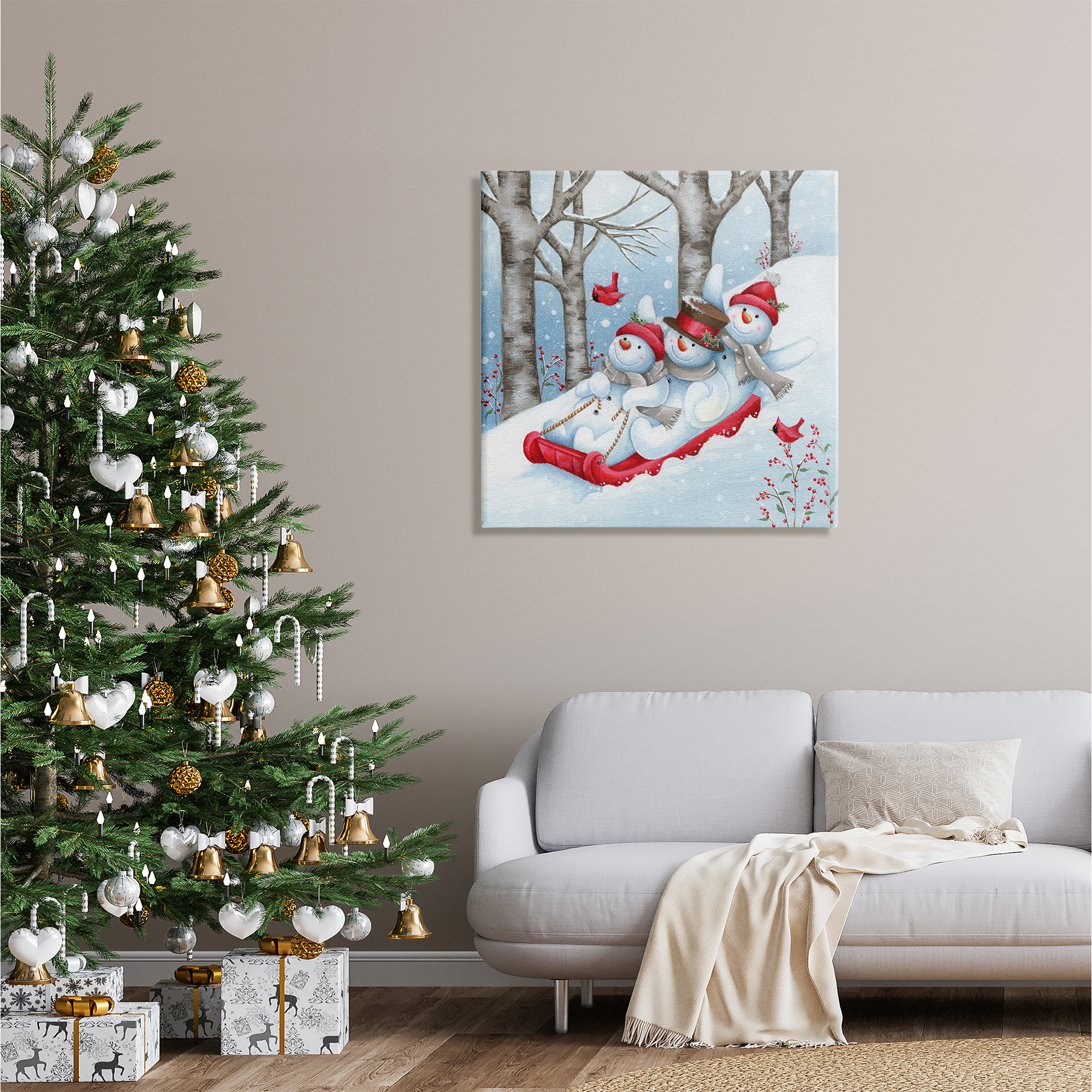 Stupell Industries Happy Snowman Trio Sledding Holiday Painting Gallery Wrapped Canvas Art Print Wall Art, 30 x 30