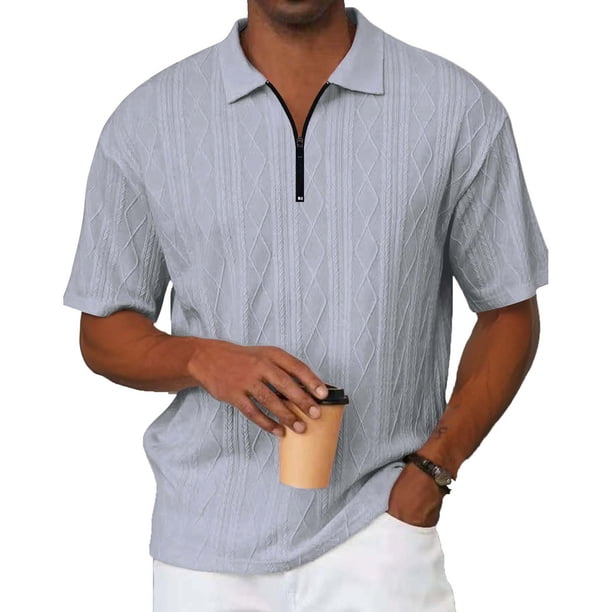 Blusa y camisa de manga corta con cuello vuelto para hombre, holgada, de punto, de verano, con cuello, transpirable, con cremallera, de manga corta, para hombre