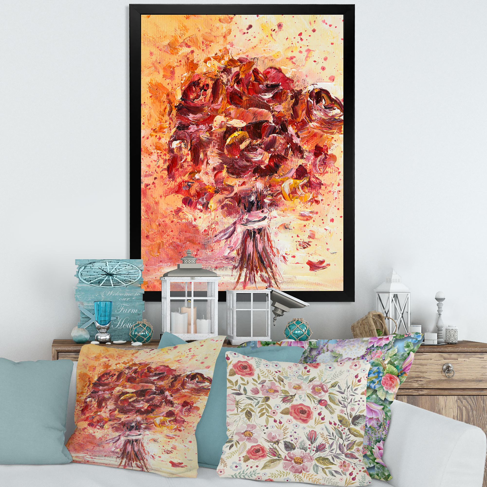 Designart 'Ancient Red Fresh Flowers Bouquet' Traditional Framed Art Print