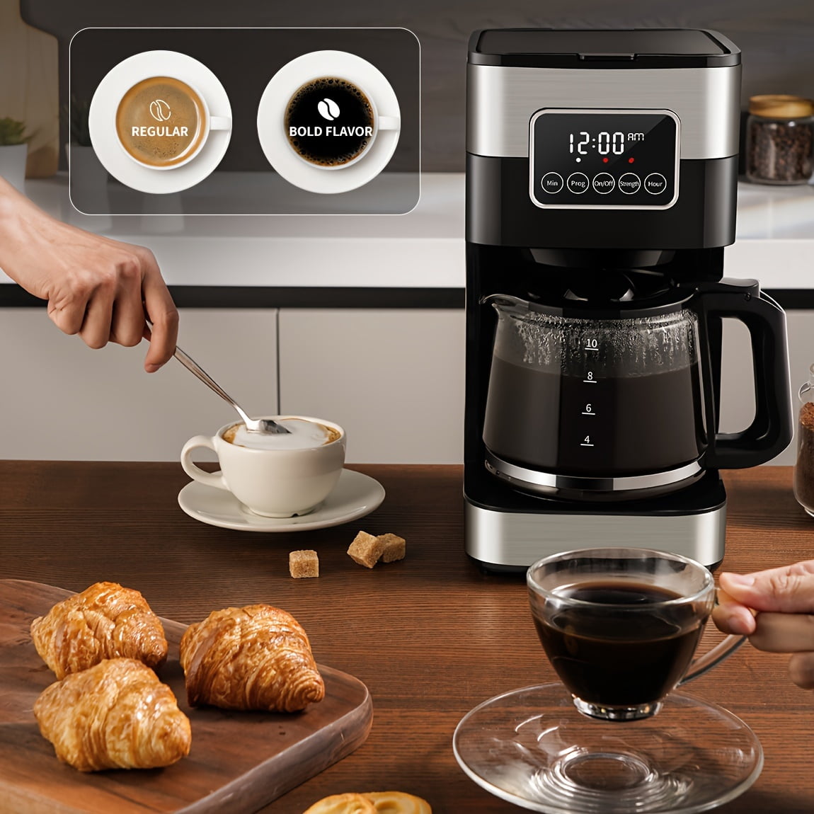 10-Cup Programmable Drip Coffee Maker with Touch-Screen, Pause & Serve, Stainless Steel, Black.