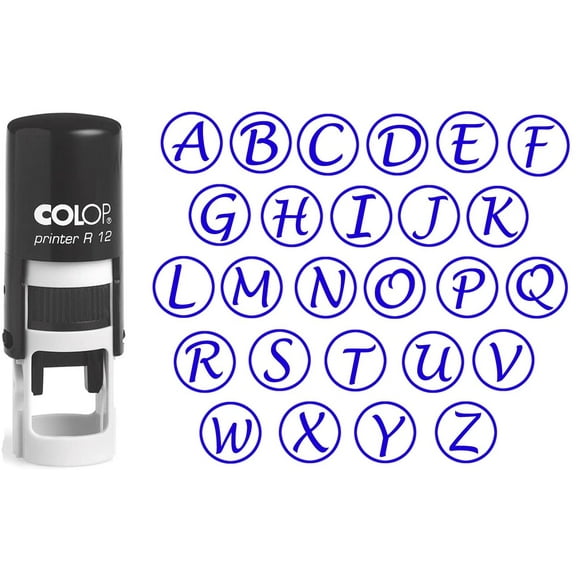 Custom A-Z Alphabet Stamp in Blue Ink Monogram Round Rubber Stamp Self Inking Initial Stamp COLOP Mini Stamper 12 mm