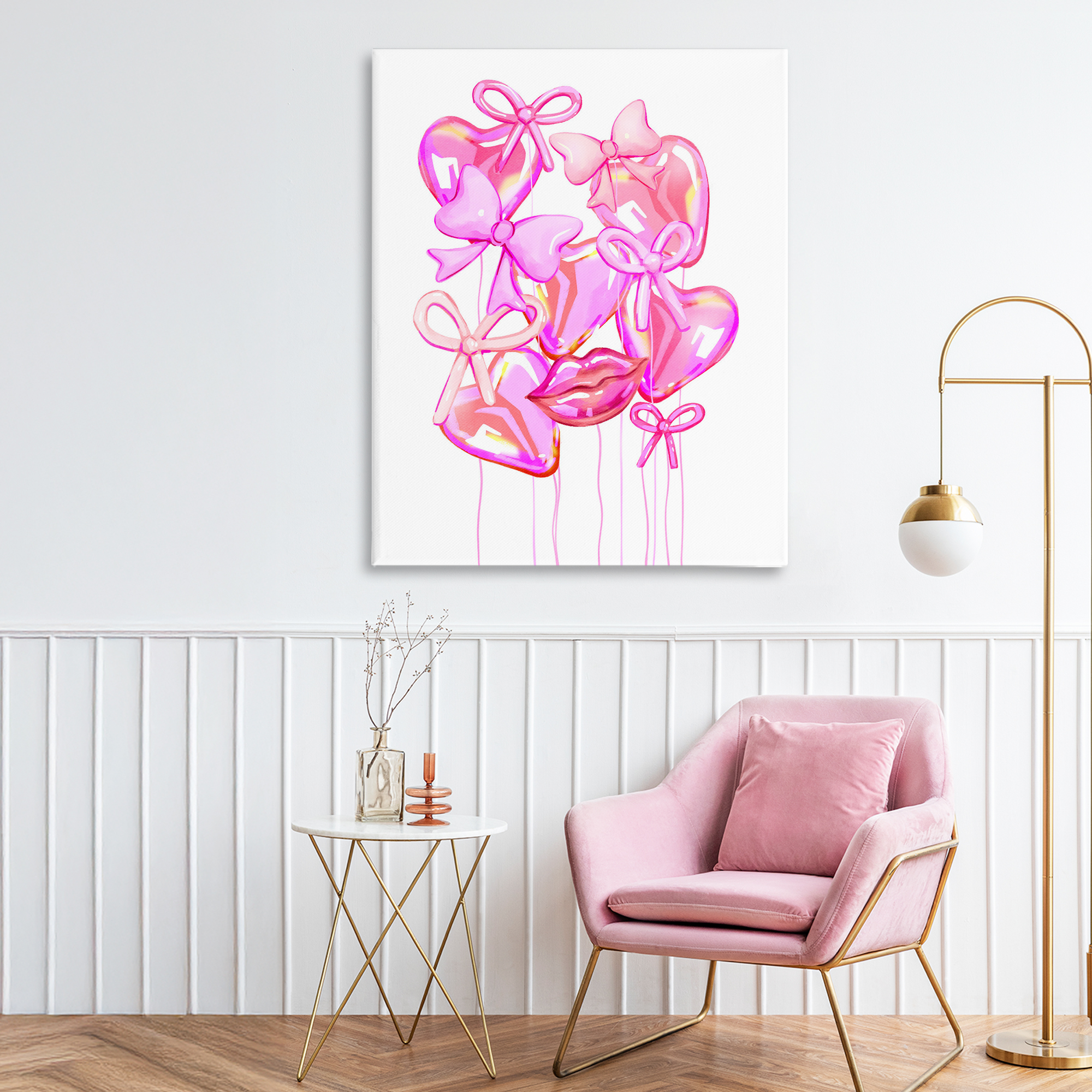 Pink Heart and Bow Balloons Canvas Wall Art, design by Ziwei Li