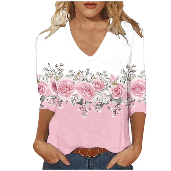 Cilsoka Fashion Clothing for Women Summer, Womens 3/4 Length Sleeve Tops V Neck Casual Floral Print Summer Tops for Women Loose Fit Three Quarter Length Sleeve Blouse, Floral Print Tshirts
