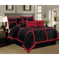 Linen Plus 7 Piece Patchwork Red Black Micro Suede Comforter Set Queen Size