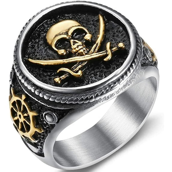 YAZI Stainless Steel Antique Vintage Skull Pirate Knife Death Halloween Cocktail Party Biker Ring