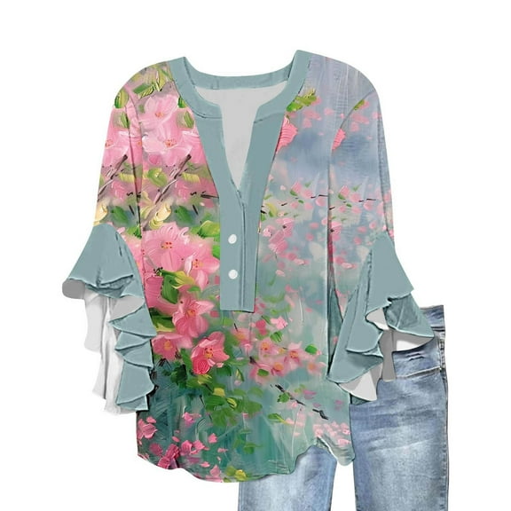 bnaln Womens Tops 3/4 Sleeve Elegant Flowy Shirts Boho Floral Printed Tshirts V Neck Babydoll Tops Loose Fit Pullover Casual Blouse Beach Vacation Fall Fashion Clothes Trendy Outfit