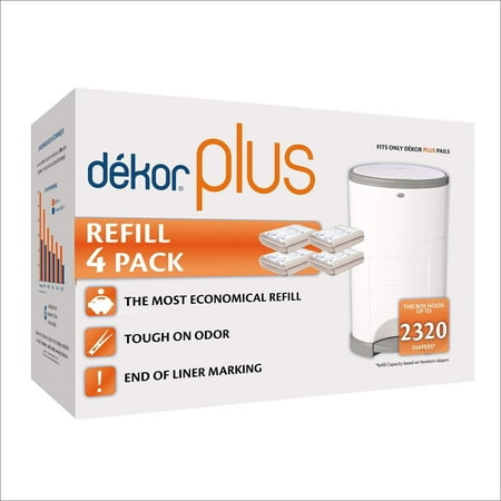 Dekor Plus Diaper Pail Refills | 4 Count | Most Economical Refill System | Quick & Easy to Replace | No Preset Bag Size – Use Only What You Need | Exclusive End-of-Liner Marking | Baby Powder