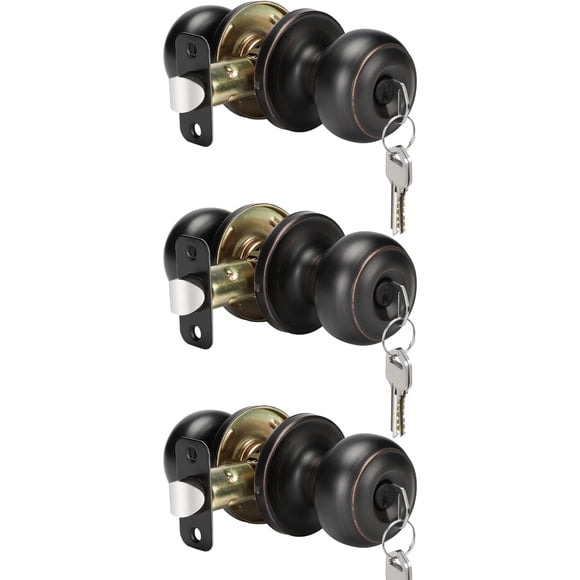 3 Pack Oil Rubbed Bronze Door Knobs with Lock and Key, Keyed Alike Keyed Entry Door Knobs Exterior, Black Doorknobs for Bedroom