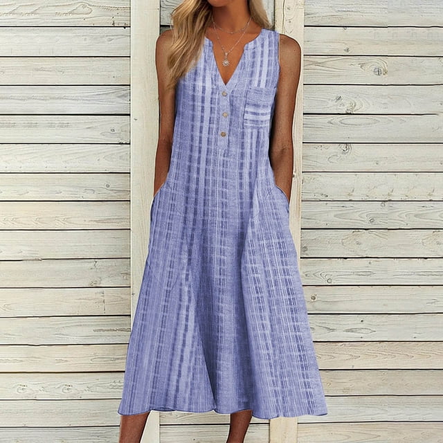 Babysbule Liquidation Robes d'Été pour Femmes, Mode Femme Décontractée Sans Manches à Col en V Boutonné à Rayures Imprimées avec Poches Robe Maxi