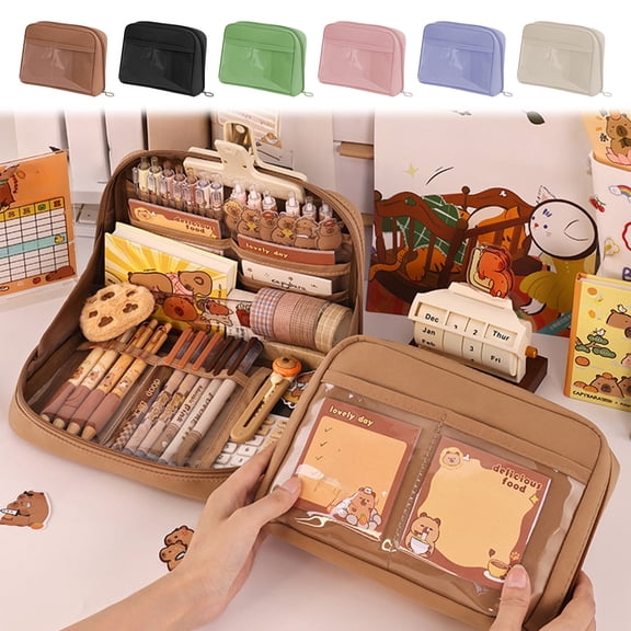 Large Capacity Pencil Case 12-Layer Organizer | Water Resistant Polyester Storage Bag | Multi-Compartment | Zipper Pouch for Office, Travel, Art, Makeup | Brown, Green, Beige, Pink, Blue