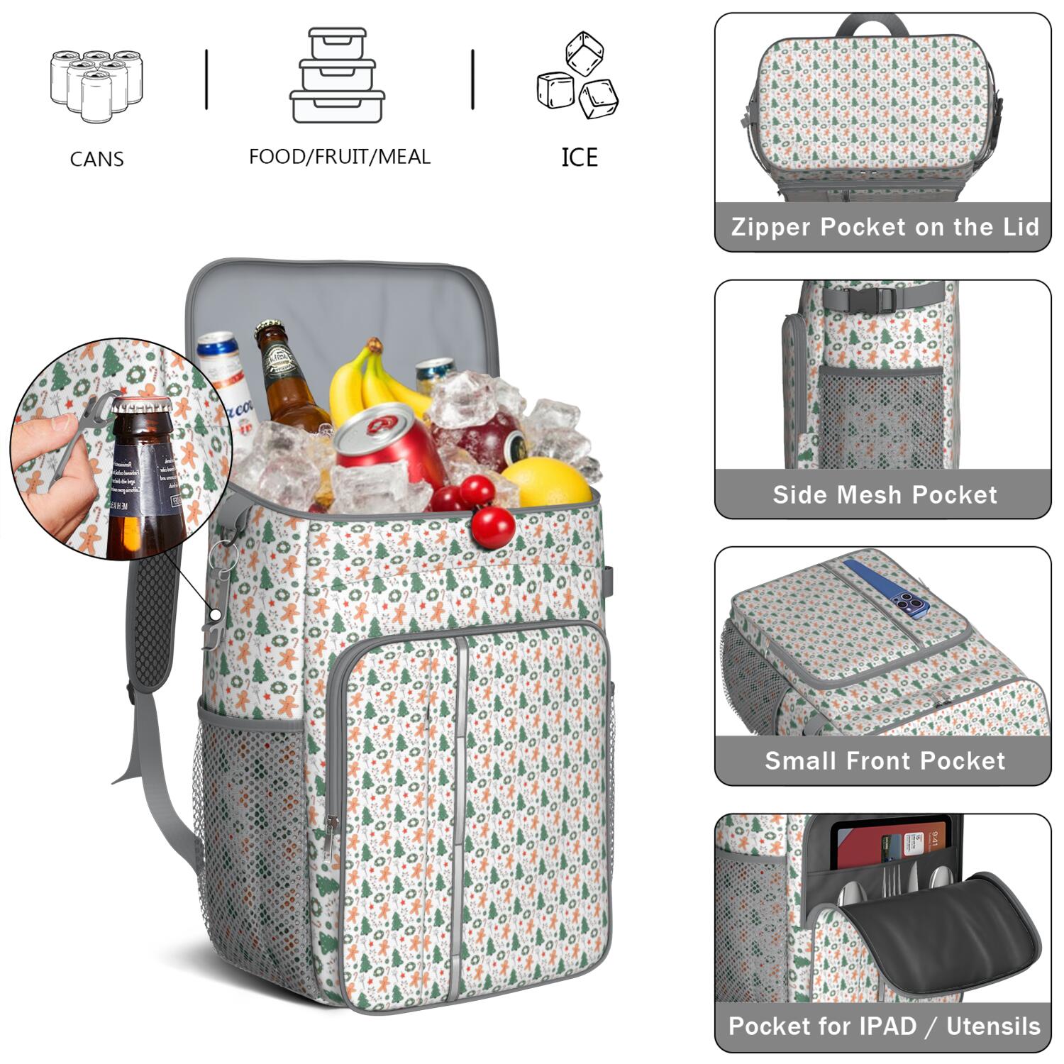 Travel Cooler Bag - White Christmas Gingerbread and Tree Pattern Camping Beer Cooler Backpack with Bottle Opener- Waterproof Insulated Picnic Backpacks - Cooler Bag for Beach