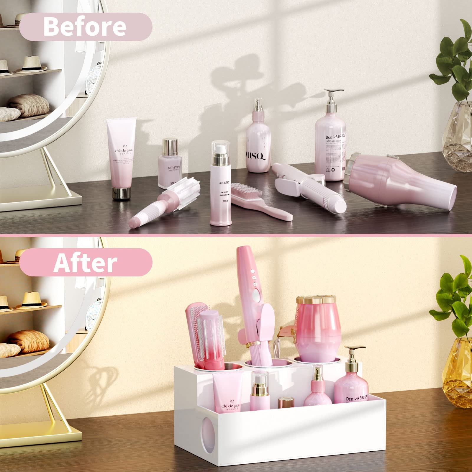 NIUBEE Hair Tool Organizer, Acrylic Hair Blow Dryer Curling Tool Holder, Bathroom Countertop Vanity Organizers and Storage Stand for Accessories, Makeup, Toiletries, White