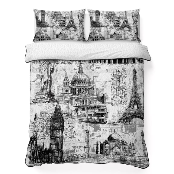 Quilts Twin XL Size Bedding Set, Grey Architecture Lightweight Quilted Comforter, Abstract City Vintage Eiffel Tower Soft Reversible Bedspread Coverlet with Pillow Covers for All Season, 68" x 98"