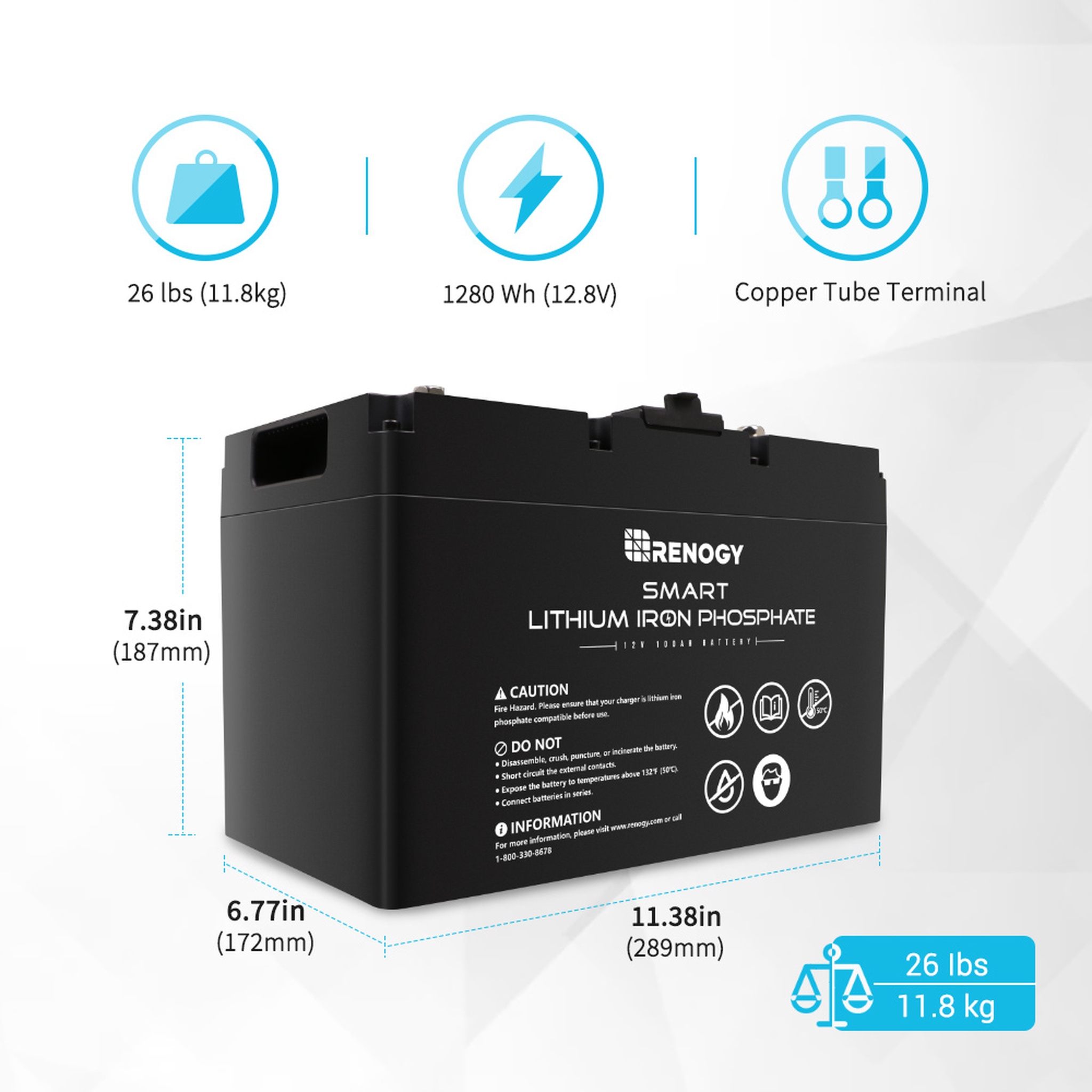 Renogy 12V 100Ah LiFePO4 Deep Cycle Lithium Battery, over 4000 Cycles, Built-in BMS, Backup Power for RV, Marine, Off-Grid System, Maintenance-Free - image 5 of 9