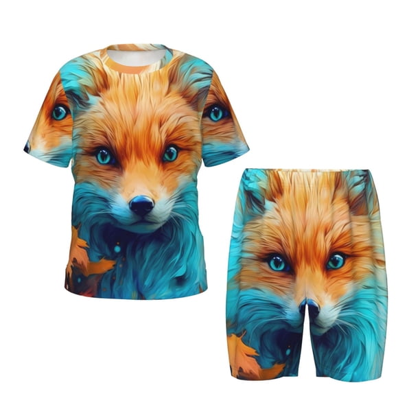 Balery Fiery Red Maple Leaf Fox Conjunto de Pijama Infantil de Manga Corta con Estampado – Ropa de Dormir de Algodón Suave-Small
