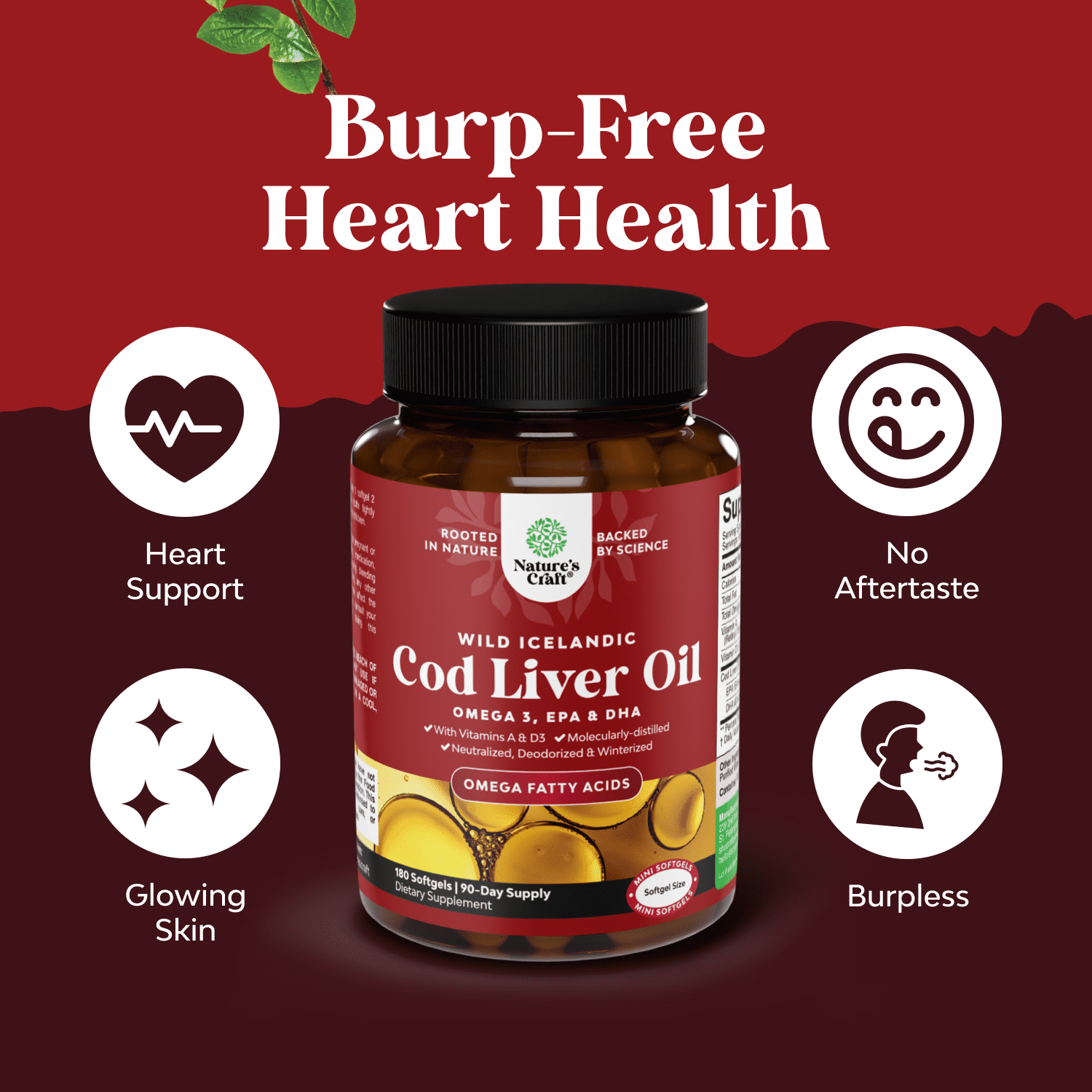 Natures Craft Wild Icelandic Cod Liver Oil Softgels, Omega 3 & Vitamin D Supplement, 180 Count