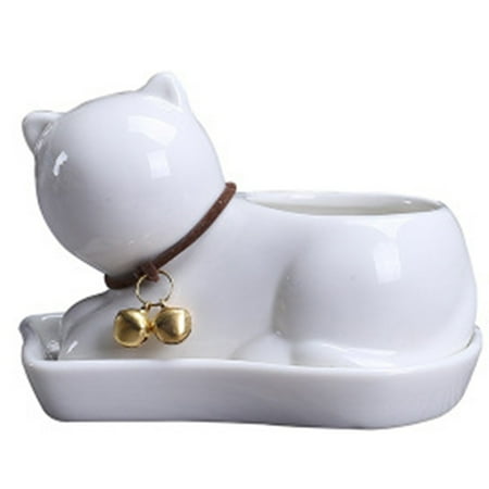 

Kitten Shaped Ceramic Flowerpot Mini Porcelain Flower Plant Pot with Tray for Desktop Home Garden Decoration