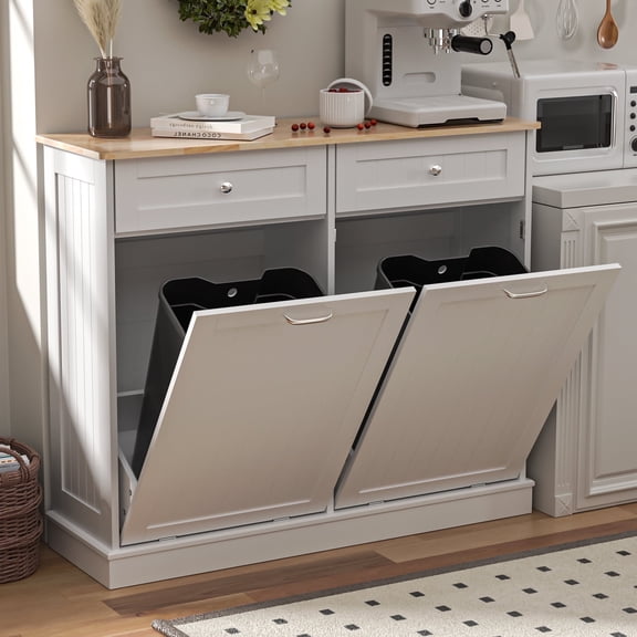 HARIPUL Double Tilt Out Trash Cabinet, 26 Gallon Trash Can Cabinet with Drawers & Handles for Kitchen, White/Light Brown Top