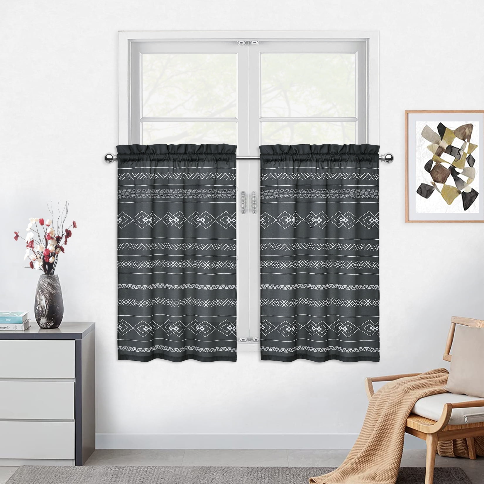 Oyang Boho Kitchen Curtains, Farmhouse Country Tier Curtains Tribal