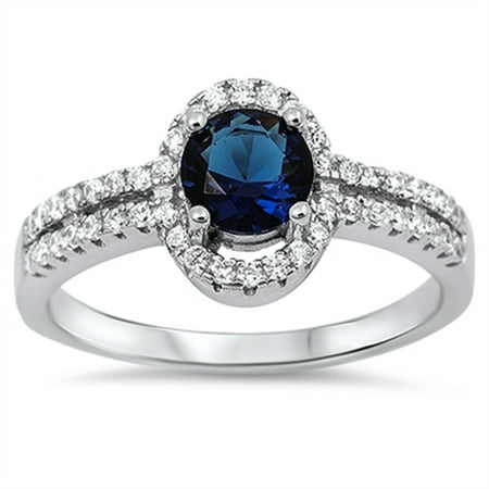 Sterling Silver Women's Flawless Blue Cubic Zirconia Round Solitaire Halo Wedding Ring (Sizes 5-10) (Ring Size 9)