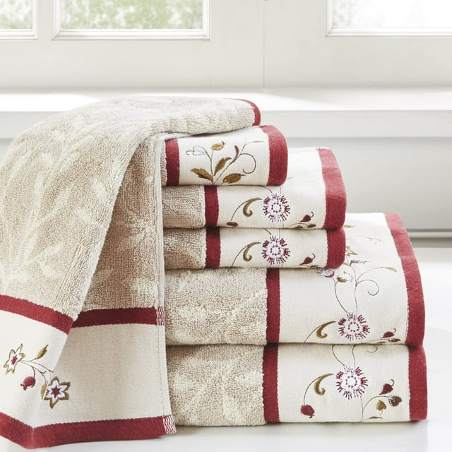 Madison Park Ensemble de Serviettes en Jacquard de Coton Brodé Serene 6 Pcs Rouge