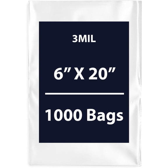 Clear Flat Poly Bags, 3Mil 6" X 20" & 1000 Bags | Low-Density Polyethylene (LDPE), Flat Open Top Plastic Packaging Packing | Flexible and Durable Plastic Bags