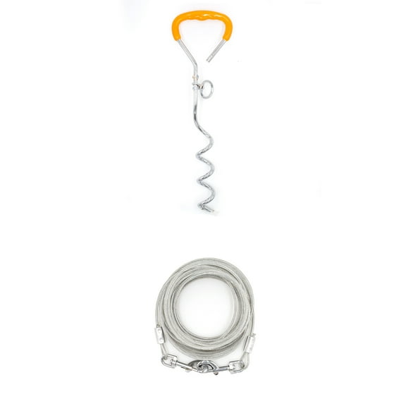 XmhyTop-A dog leash and wooden stake set with yellow handle, suitable for large dogs in yards, outdoor dog ground anchor, used for yard camping(white)