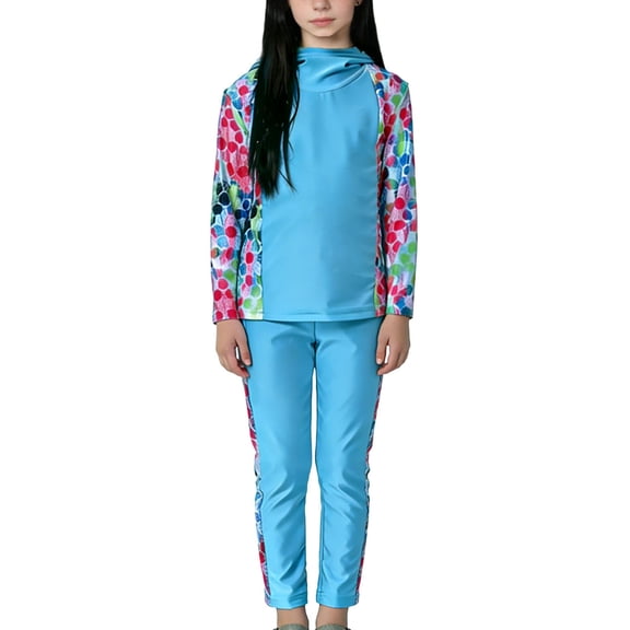 CYRBOKO Girls Swimsuits with Hood, Two Pieces Floral Print Quick-dry Long Sleeve Rash Guards for Swim Sky Blue Size 1-2 T