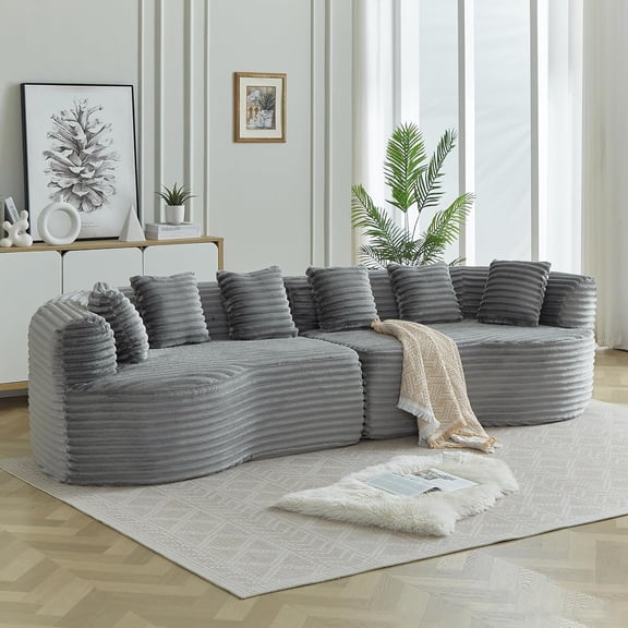 YWEN Modern Curved Boneless Sofa, 111.5" Oversized Comfy Cloud Couch with 6 Pillows, Luxury Plush Corduroy Modular Sectional Sofa for Living Room, Apartment & Reception Spaces
