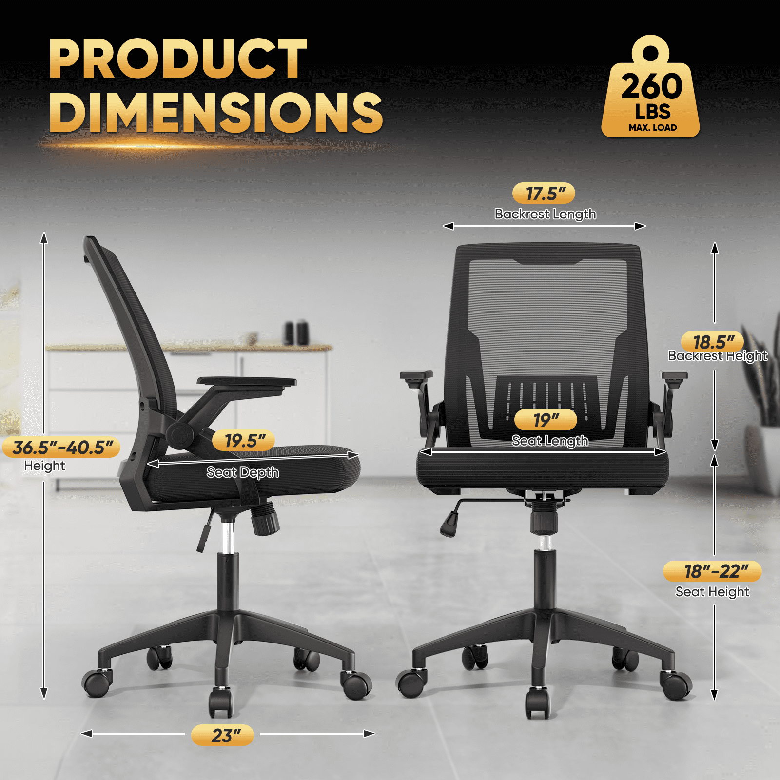Magshion Ergonomic Mesh Office Chair with Flip-Up Armrests, Adjustable Height & Reclining High Back, Black