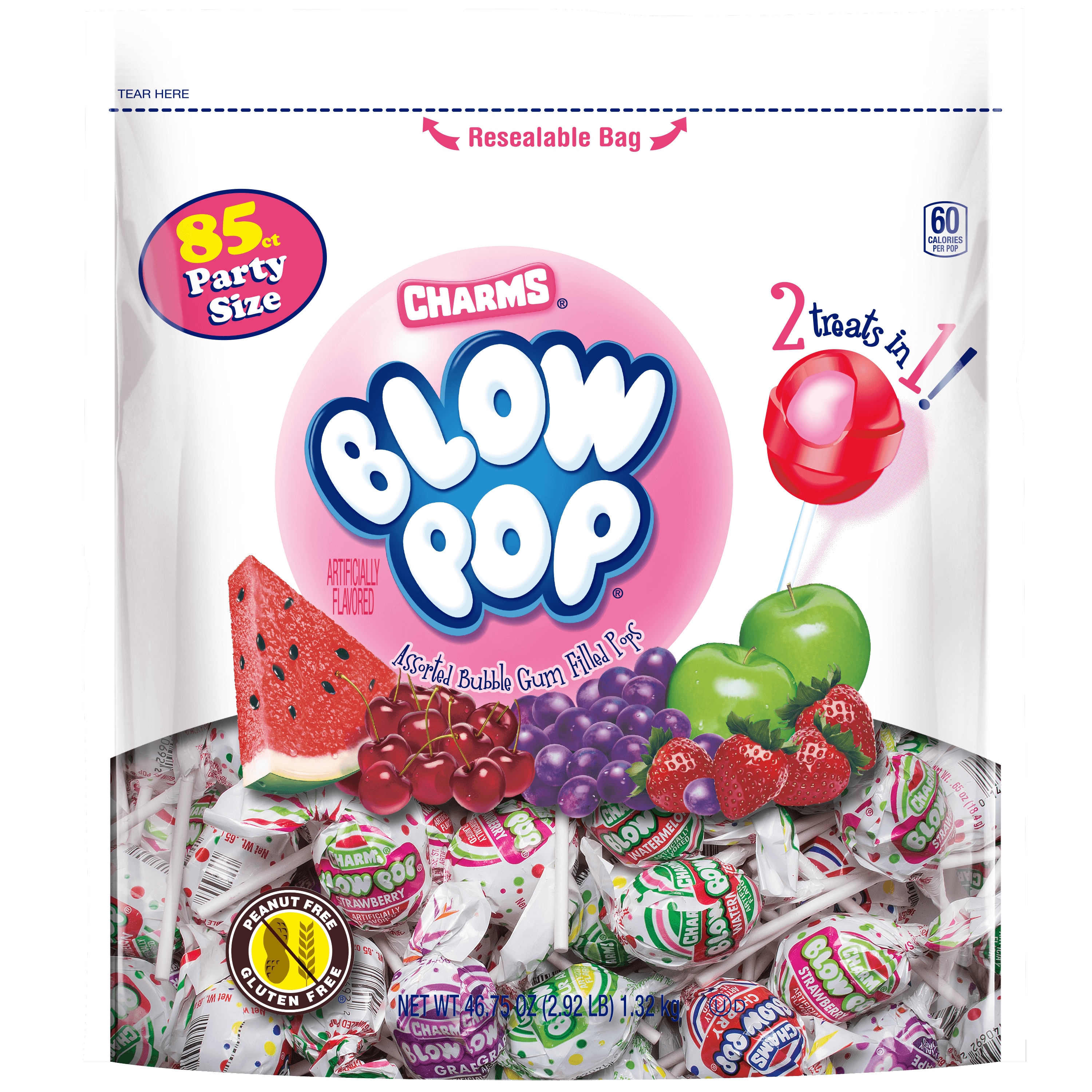 Charms Blow Pop, Gluten Free, Assorted Flavors Bubble Gum Lollipops, 46.75 oz Resealable Bag