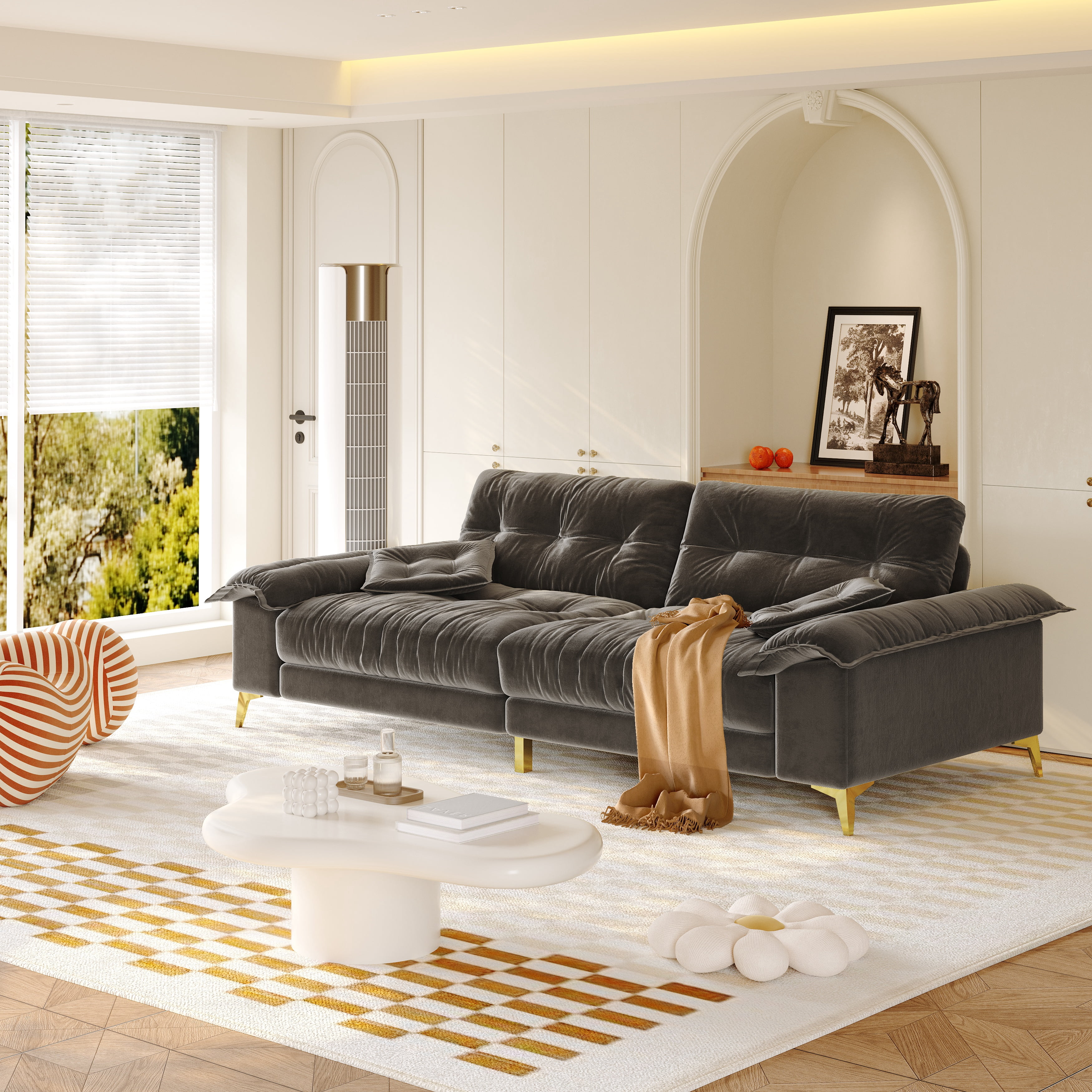 Vinform 104.7 " Cloud Sectional Sofa with Wide Removable Armrests, Comfy Chenille Upholstered Couch for Living Room/Apartment, Dark Gray