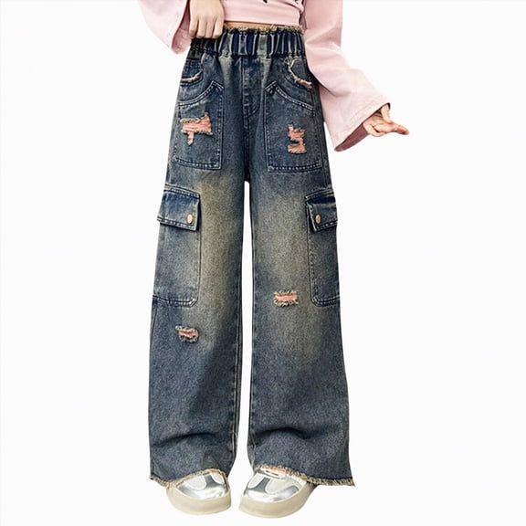 TOWED22 Girl's Elastic High Waist Ripped Baggy Jeans Wide Leg Distressed Denim Pants Pink,9-10 Y