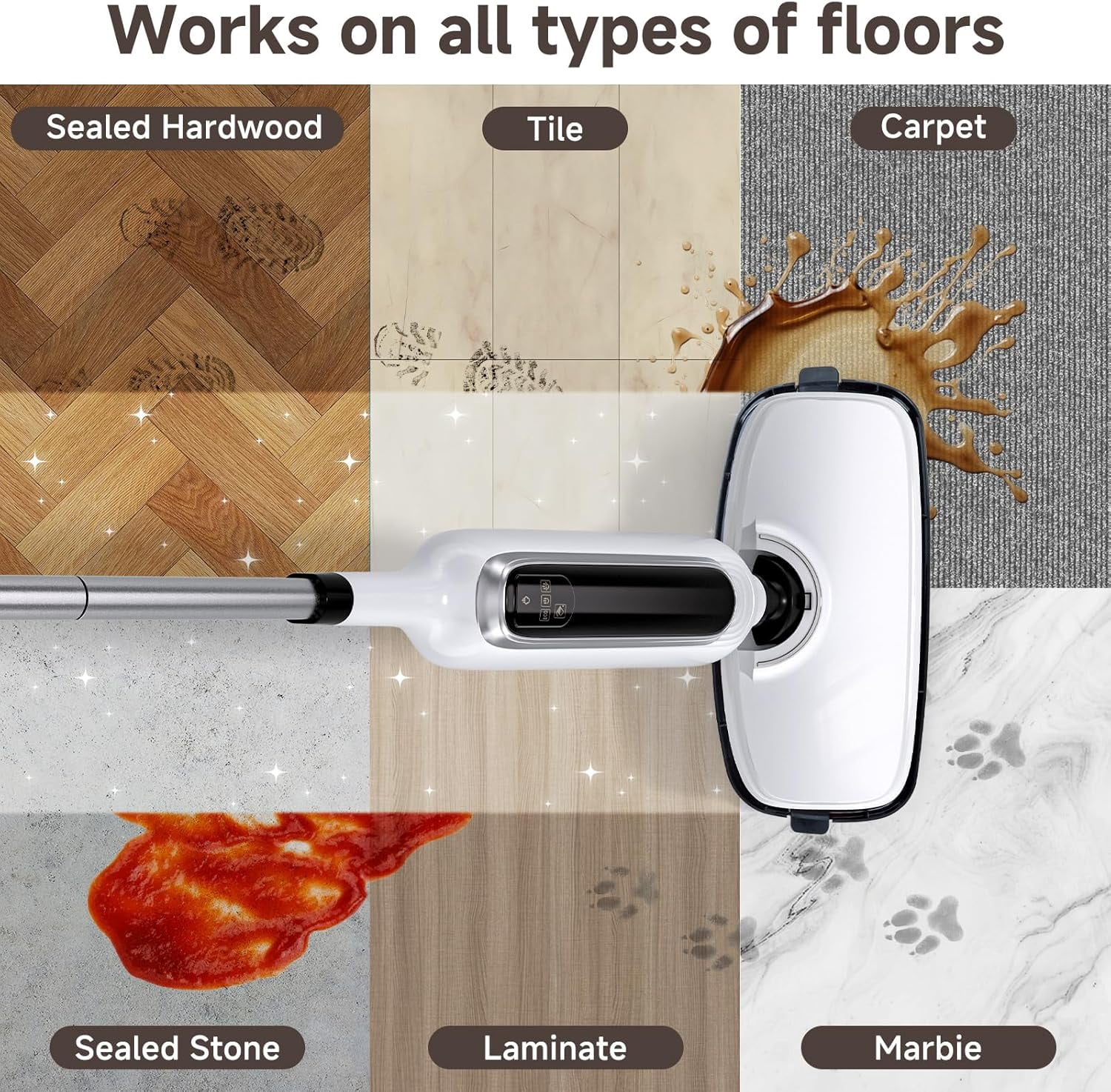 12-in-1 Steam Mop and Detachable Handheld Cleaner, 23-Foot Cord, 3 Steam Settings with LED Display, for Floors, Bathrooms, Windows, Upholstery, Fabrics, Tile Grout, and Carpets