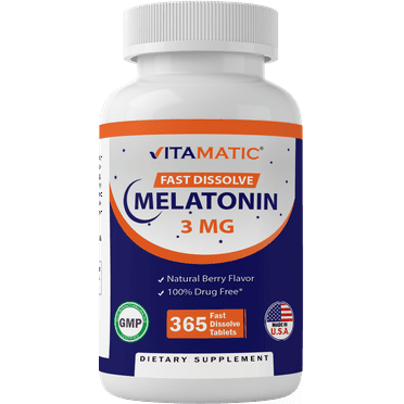 Vitamatic Melatonin 3mg Tablets | Vegetarian, Non-GMO, Gluten Free | 1 Year Supply | Natural Berry Flavor - 365 Tablets