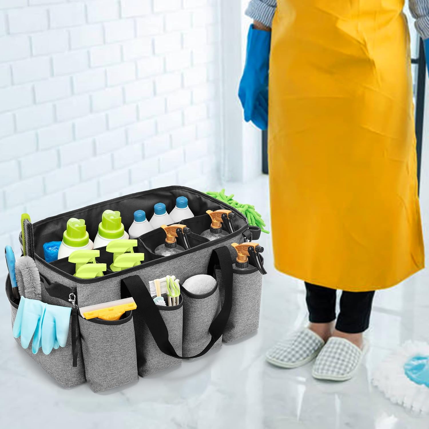 Extra-Large Cleaning Caddy, Cleaning Supplies Organizer with Handles for Cleaning Products Storage, Large Capacity Cleaning Tote Bag for Cleaning Tools for Car, Home & Housekeeping Work, Gray