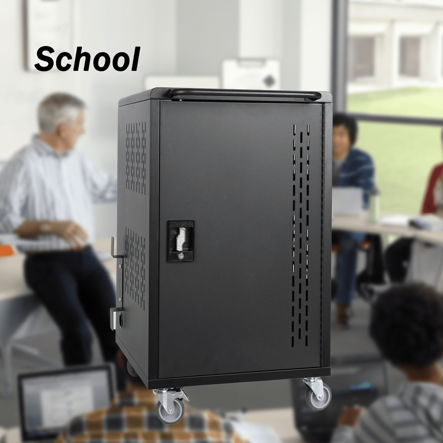 Mobile 32-Bay School Charging Cart for Chromebooks and Laptops, Locking Station with Power Strip for Classroom Use, Black