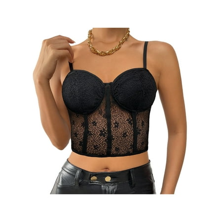 

Amuver Ladies Summer Midriff-baring Camisole Leisure Style Flower Embroidery V-neck Mesh Perspective Lace Sleeveless Tops