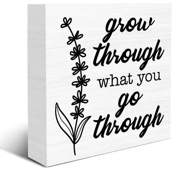 Zomyto 5x5 IN Grow Through What You Go Through Wooden Box Sign Inspirational Grow Quote Wood Sign Decor Uplifting Gift