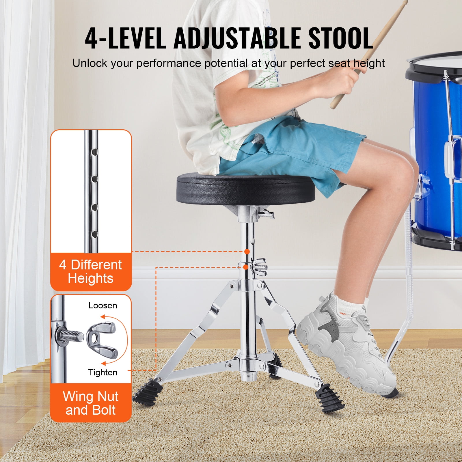 VEVOR Kids Drum Set, 5-Piece, 16 in Beginner Full Drum Set with Bass Toms Snare Floor Drum Adjustable Throne Cymbal Hi-Hat Pedal and Two Pairs of Drumsticks, Starter Drum Kit for Child Kids, Blue