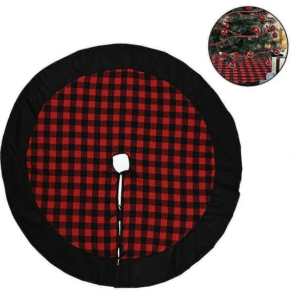 1 Pc Plaid Christmas Tree Skirt - Black And Red Checked Tree Skirts Mat For Christmas Holiday Party Decorations
