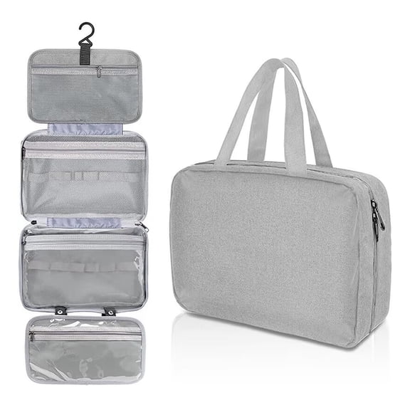 Gray Hanging Travel Toiletry Bag, Detachable Cosmetic Organizer with Transparent Pockets, Waterproof Makeup Bag for Bathroom & Trip
