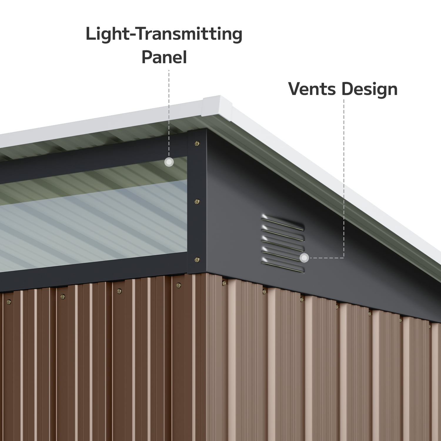 Lockable Double Door Metal Tool Shed, Asofer Brown Outdoor Storage Cabinet with Transparent Light Window for Patio Lawn