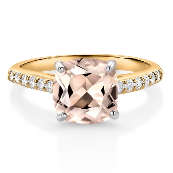 Gem Stone King 10K Yellow Gold 8MM Cushion Cut Peach Morganite and White Lab Grown Diamond Engagement Ring for Women (2.06 Cttw, Gemstone October Birthstone, Size 8)