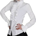 thumbnail image 2 of Women Vintage Victorian Button Down Trumpet Sleeve Tops High Neck Frilly Ruffle Shirt Blouse, 2 of 4