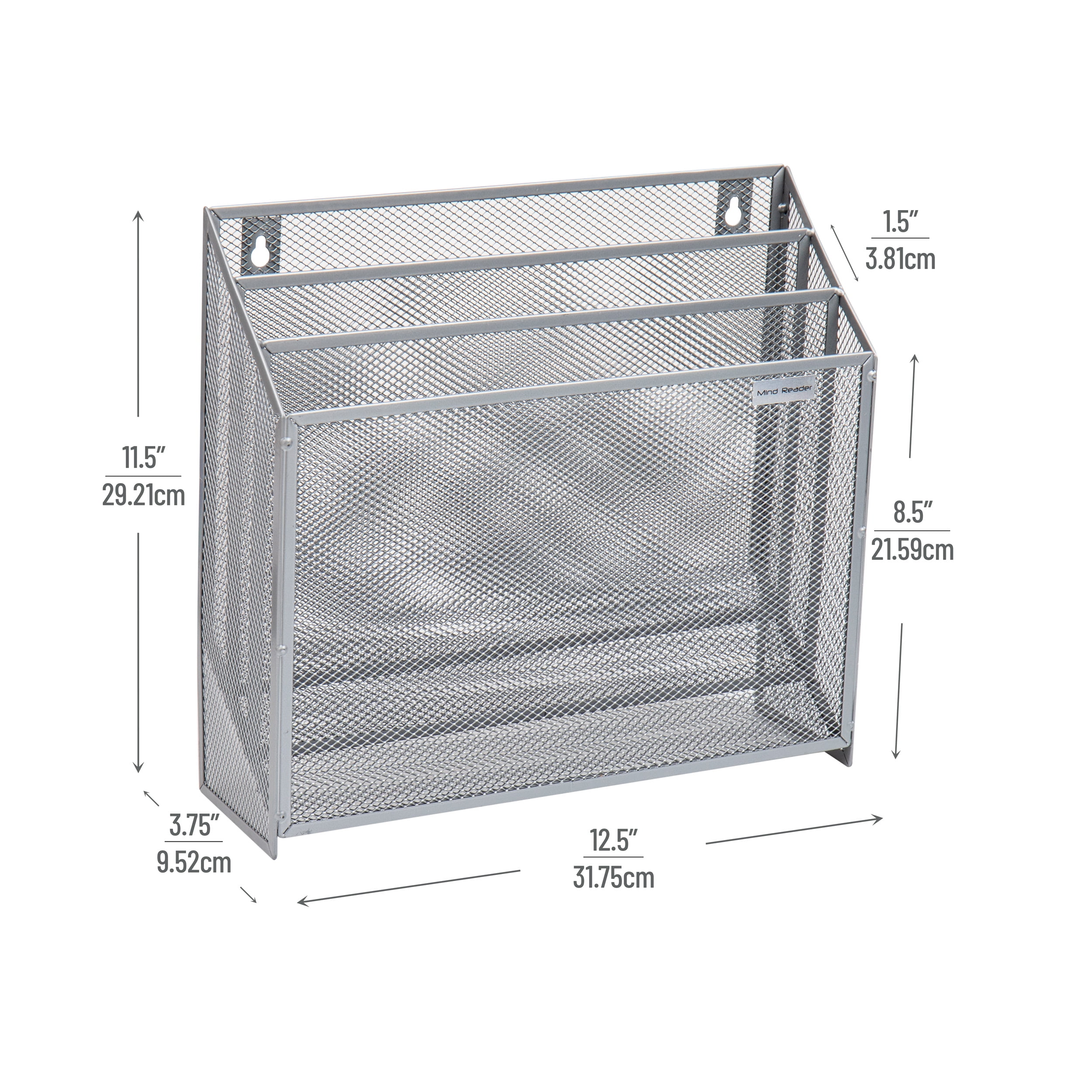 Mind Reader Vertical File Desktop Organizer, Wall Mount, Metal, 12.5"L x 3.75"W x 11.5"Height, Silver