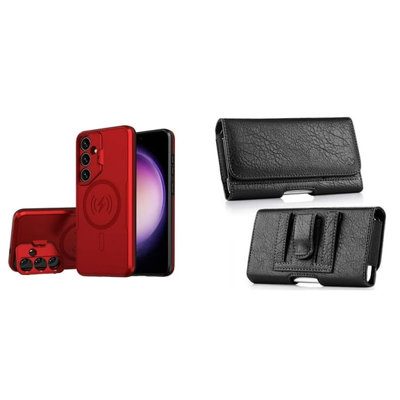 Bolt Alloy Series Case for Samsung Galaxy S24 with Glass Screen Protector, Belt Clip Holster Carrying Pouch - Titan Red