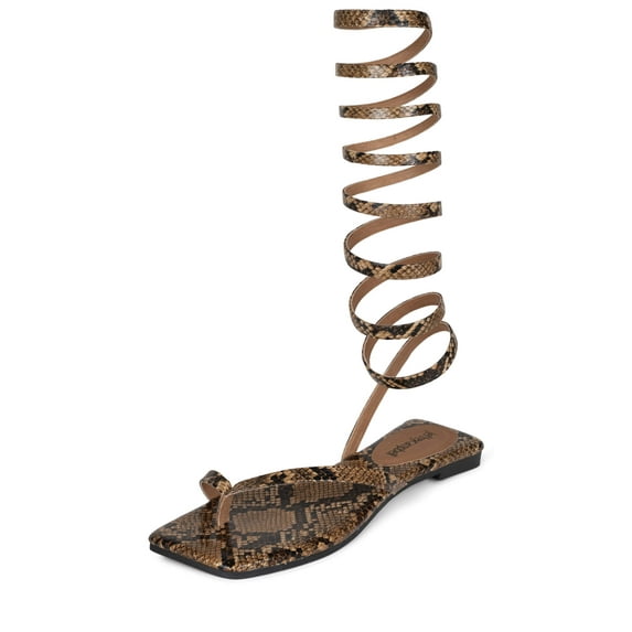 Jeffrey Campbell Slinky Tan Snake Combo Squared Toe Snake Printed Flat Sandal (Tan Snake Combo, 8.5)
