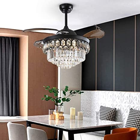 Kpibest Black Chandelier Ceiling Fan, 42 inch Modern Luxury Crystal Ceiling Fan Lamp, Retractable 4 Blades Remote Control Fixtures, Home Decorating Ceiling Fan 3 Color Changing for Dining,Bedroom